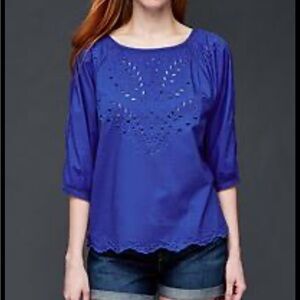 GAP Three-quarter Sleeve Eyelet Top, Mosaic Blue, Size L